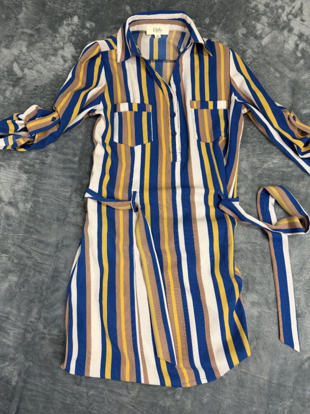 Katella Couture Womens Blue Yellow Striped Belted Shirt Dress S